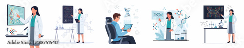 Scientific research and DNA analysis vector set featuring geneticists, molecular biology, and biotechnology laboratory scenes on a white background.