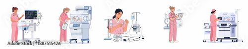 Nurses performing duties in the Neonatal Intensive Care Unit (NICU), including monitoring vital signs, checking newborns in incubators, and preparing IV infusions.