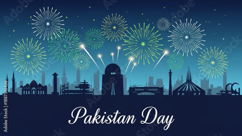 Pakistan Day Celebration with Fireworks over City Skyline at Night