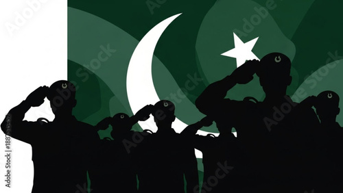 Pakistani Soldiers Saluting in Front of National Flag Silhouette