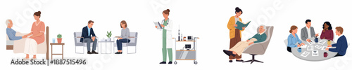 Vector illustration set showing various scenes in healthcare: patient care, medical consultation, mental health support, professional meetings, and elderly assistance.