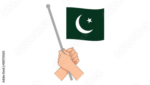 Hands Holding Pakistan Flag, Green Flag with Crescent Moon and Star, National Symbol and Patriotic Gesture, Isolated on White
