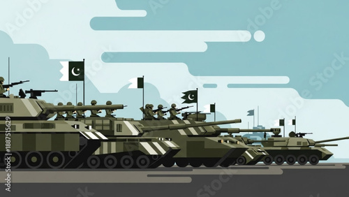 Military Tanks with Pakistani Flags on Turret Moving on Road