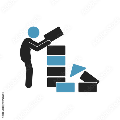 Vector illustration of a person silhouette carefully stacking blocks in a tower. Minimalist icon representing organization, structural planning, problem-solving, building a foundation, and task manage