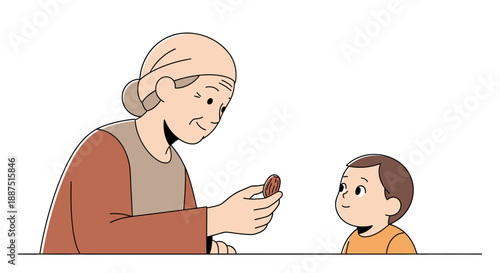 Vector illustration of a loving family art piece featuring a senior woman and grandfather with their granddaughter and grandson in a happy cartoon drawing