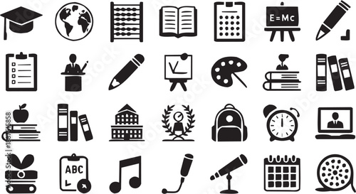 Conjunto de íconos educativos en estilo blanco y negro. Incluye herramientas escolares, arte y música. Trazo editable.