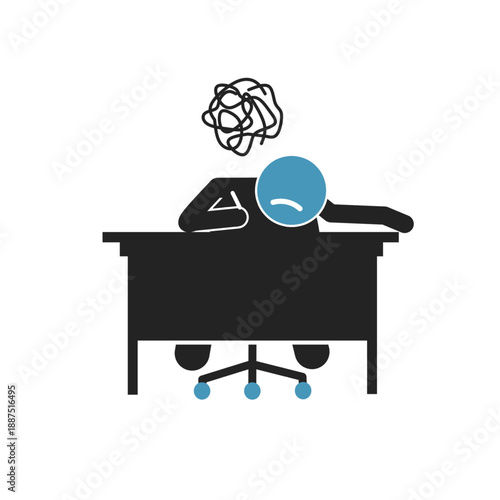 Frustrated employee icon showing a person slumped at a desk with a scribble over their head. Minimalist vector illustration for workplace stress, boredom, mental block, and burnout concepts.