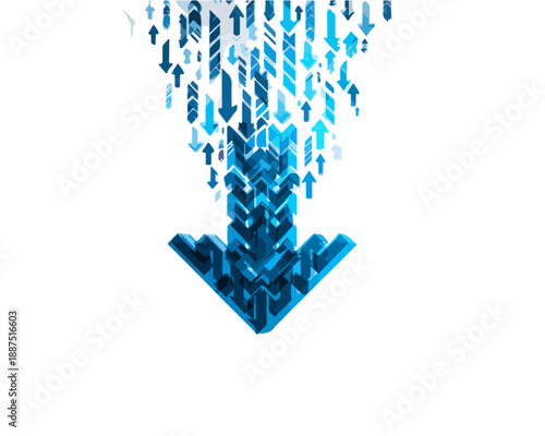 Setas azuis abstratas em movimento descendente, criando uma forma dinâmica e futurista em fundo transparente.