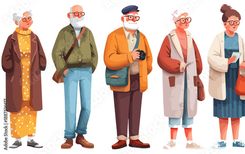 Grupo de idosos diversos em roupas casuais, com expressões amigáveis e positivas, em fundo transparente.