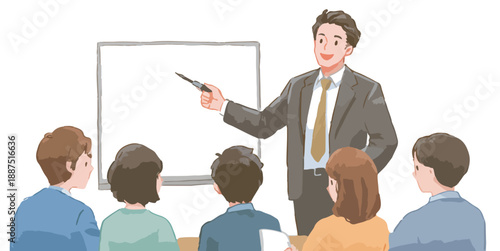 Professor sorridente ensinando alunos em uma sala de aula com quadro branco e apresentador apontando