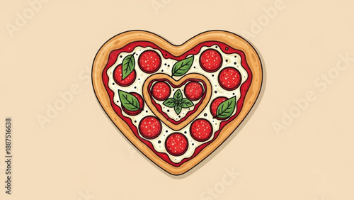 Heart shaped pizza with pepperoni and basil romantic food illustration for Valentines Day love concept for restaurants