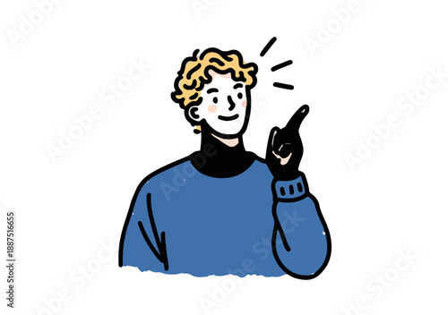 Homem jovem com cabelo cacheado e expressão pensativa, apontando o dedo para cima, em fundo transparente.