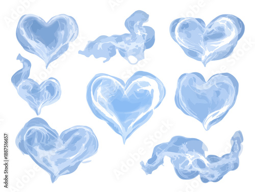 Conjunto de corações de fumaça azul abstrata e formas fluidas em fundo transparente