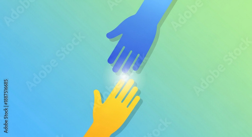 Two hands reaching out to each other in blue and yellow with a glowing connection on a gradient background
