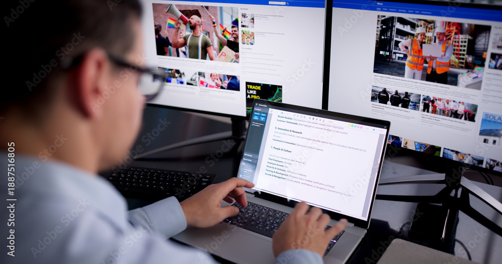 Naklejka premium Young Hispanic Journalist Writing Online Media Article