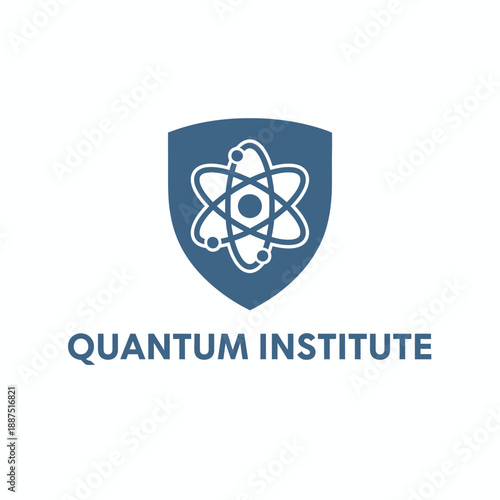 Modern atom symbol inside a shield for a scientific research center or academic educational branding identity named QUANTUM INSTITUTE