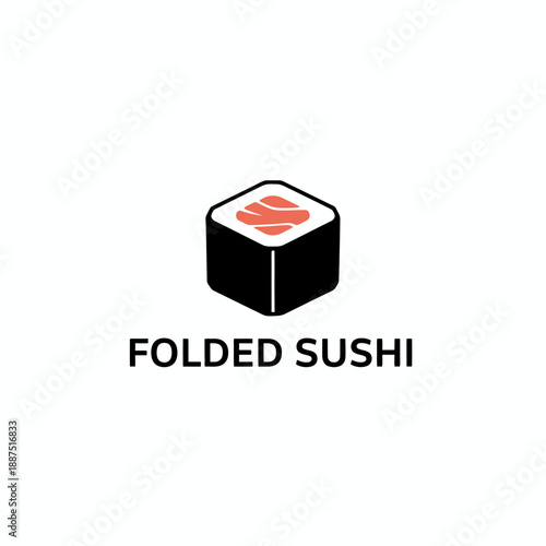 Minimalist isometric salmon maki roll icon for Japanese restaurant branding or food delivery app identity named FOLDED SUSHI