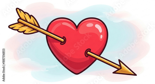 Heart pierced by golden arrow symbolizing love and passion with a touch of whimsy and romance on a soft background