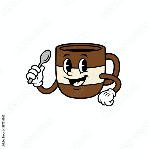 Vintage rubber hose cartoon of a smiling coffee mug holding a spoon for cafe branding or mascot identity, isolated on white background