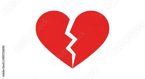 Broken heart symbol with crack red color representing sadness love loss and heartbreak emotions on white background