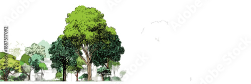 Ilustração de árvores verdes com folhagem densa e troncos em estilo aquarela, sobre fundo branco transparente.