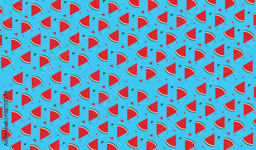 Seamless watermelon pattern with colorful summer fruit slices on blue background