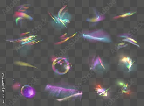 Iridescent crystal leak glare reflection effect. Optical rainbow lights, glare, leak, streak overlay. falling confetti.
