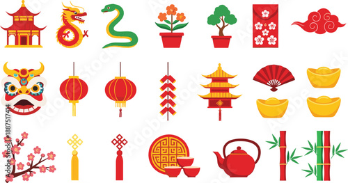 Chinese New Year celebration icons set with dragon, lanterns, pagoda, fans, flowers, gold ingots and decorations