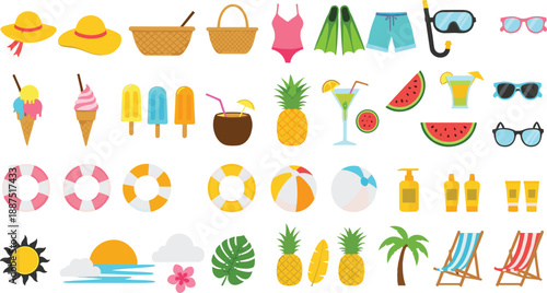 Summer vacation beach icons set with hats, swimsuits, sunglasses, cocktails, fruit, sunscreen and tropical elements
