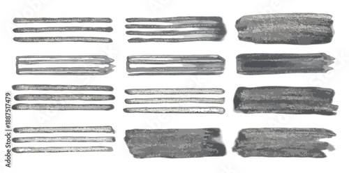 Pinceladas de tinta cinza em fundo transparente, texturas e elementos gráficos