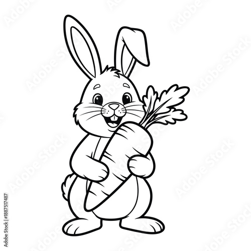A cartoon rabbit happily holding a large carrot with leaves, standing upright with a joyful expression, illustrated in black and white lines, referenced in 1 (144).eps