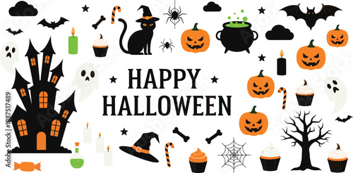 Cute Halloween illustration set with pumpkins, ghosts, black cat, haunted house, candles, bats and festive decorations