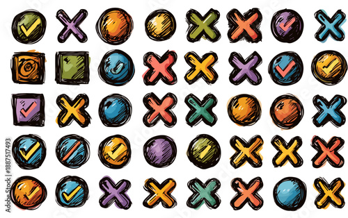Conjunto de ícones desenhados à mão com marcas de verificação e cruzes em cores vibrantes, com fundo transparente.