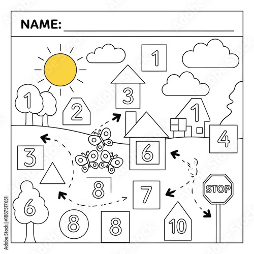 Children's worksheet illustration with numbered houses and trees, stop sign, and puzzle pieces, educational content, black outline on a simple background, 1 (151).eps reference