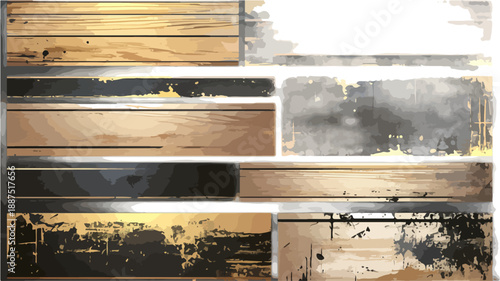 Conjunto de texturas de madeira e metal com efeito grunge e transparente para design gráfico.