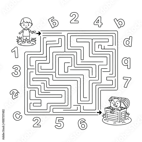 A child navigates a complex black and white maze with numbers and letters to reach a stack of books