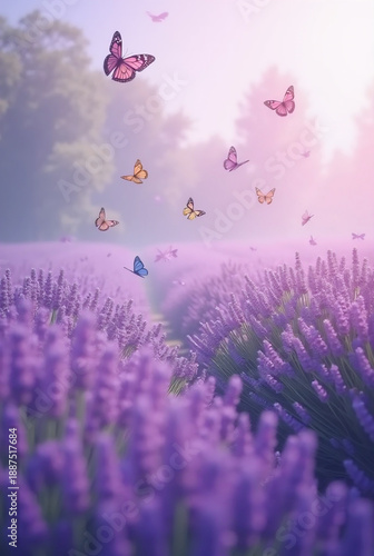Butterflies flying over lavender field at sunrise