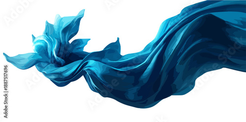 Tecido azul esvoaçante e transparente em movimento sobre fundo branco, conceito abstrato