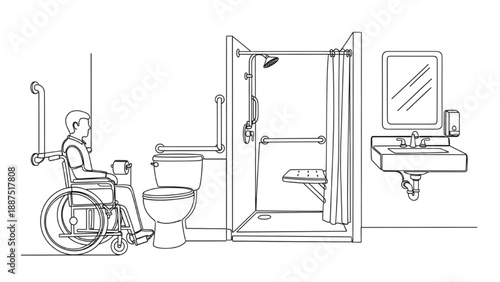 High-Quality Continuous Line Art of Accessible Restroom with User, Inclusive Bathroom Design
