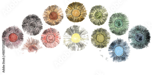 Padrão abstrato de flores com pétalas finas e coloridas em tons terrosos e pastéis, sobre fundo transparente.