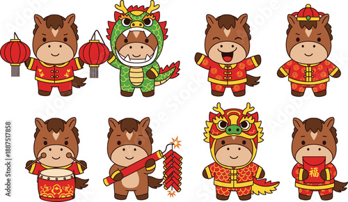 Cute ox cartoon characters celebrating Chinese New Year in traditional costumes with lanterns, fireworks and dragon dance outfits