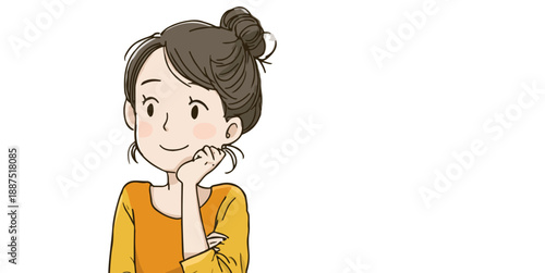 Mujer joven con moño, apoyada en su mano, mirando pensativamente a un lado con una sonrisa.