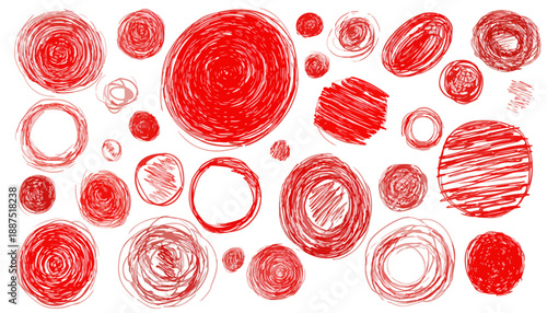 Conjunto de círculos vermelhos desenhados à mão com texturas de rabiscos sobre fundo branco, conceito transparente.