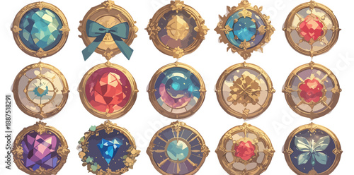 Colección de medallas y gemas ornamentadas con diseños intrincados y colores vibrantes, estilo artístico.