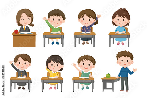 Estudiantes diversos levantan la mano en el aula, participando activamente en la lección.