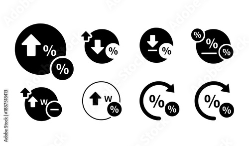Percentage growth and decline arrow icons in circular indicator style filled vector isolated on white background