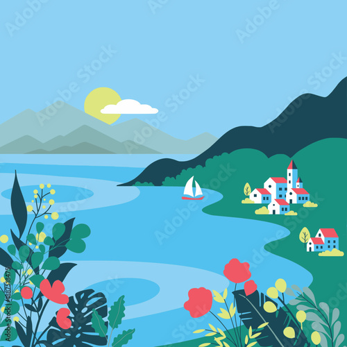 Coastal Vista in Bloom: An idyllic seaside village nestles by the shimmering sea, embraced by rolling hills, a sailboat, and vibrant flora under a warm sun.