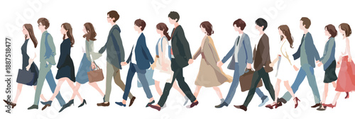 Grupo diverso de profesionales caminando juntos, representando unidad y progreso en el mundo laboral.