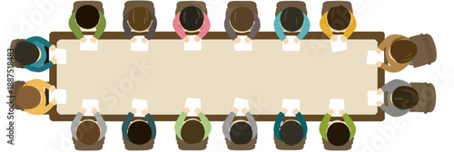 Vista aérea de personas sentadas alrededor de una mesa de conferencias rectangular, reunión de negocios.