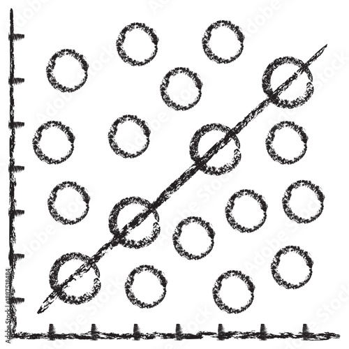 Vector icon of linear regression graph with a straight trend line. Dark brown charcoal sketch on transparent background. Hand-drawn concept for AI data prediction and statistical analysis